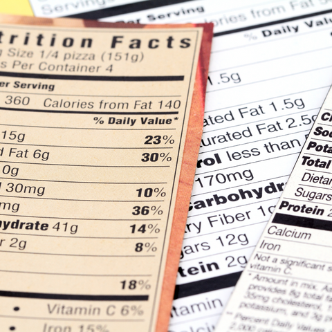Close-up of several overlapping Nutrition Facts labels from packaged foods
