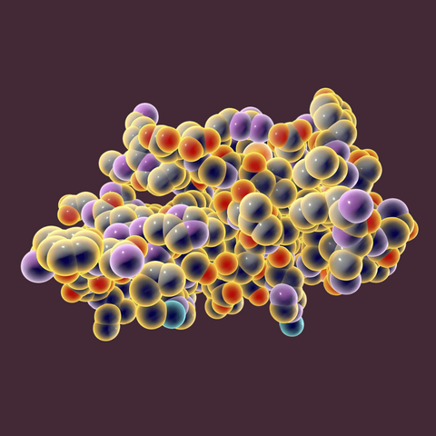 3D rendering of a molecule built from clustered yellow, purple and red atoms