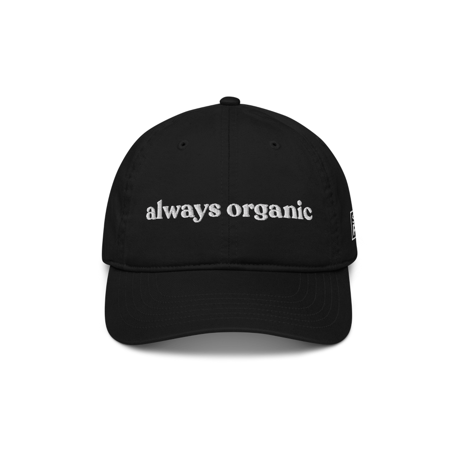 Black SaladPower cap, front view, with “always organic” embroidered in white across the front