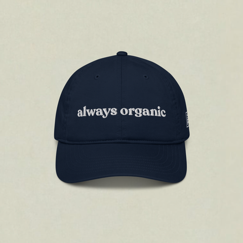 Navy SaladPower cap with “always organic” embroidered in white across the front