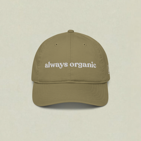Safari SaladPower cap with “always organic” embroidered in white across the front