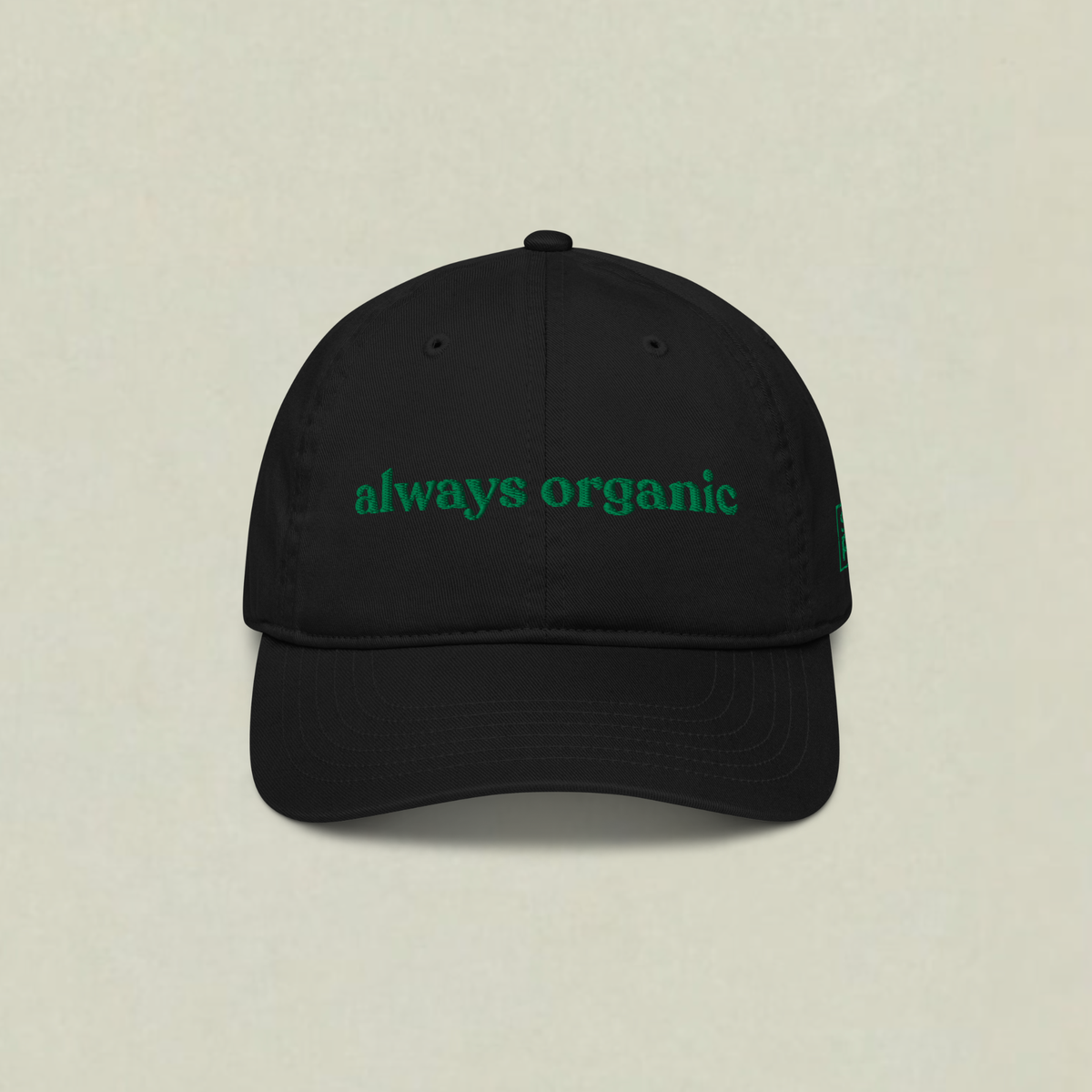 Black SaladPower cap with “always organic” embroidered in green across the front