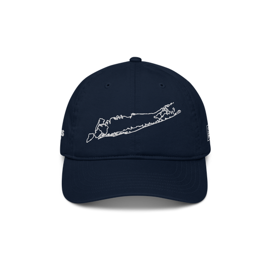 Navy Gubbins collaboration cap, front view, with an outline of Long Island embroidered in white