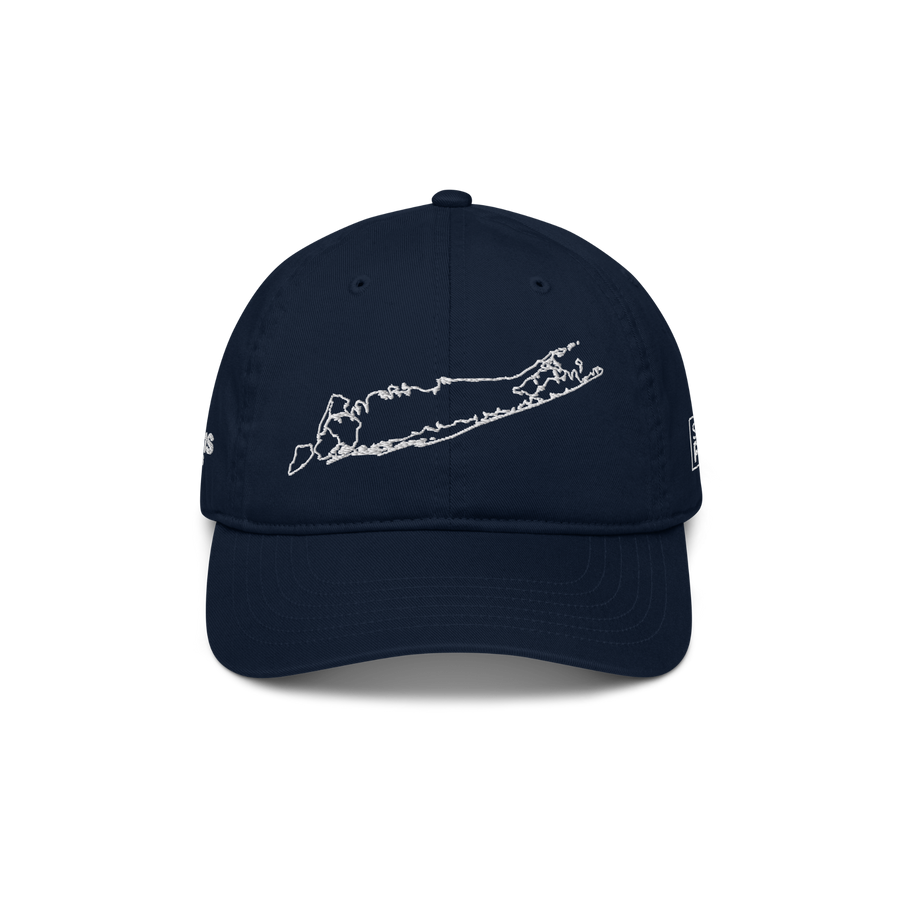 Navy Gubbins collaboration cap, front view, with an outline of Long Island embroidered in white