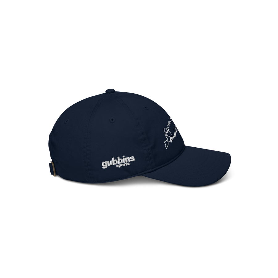 Navy Gubbins collaboration cap, side view showing the gubbins sports wordmark
