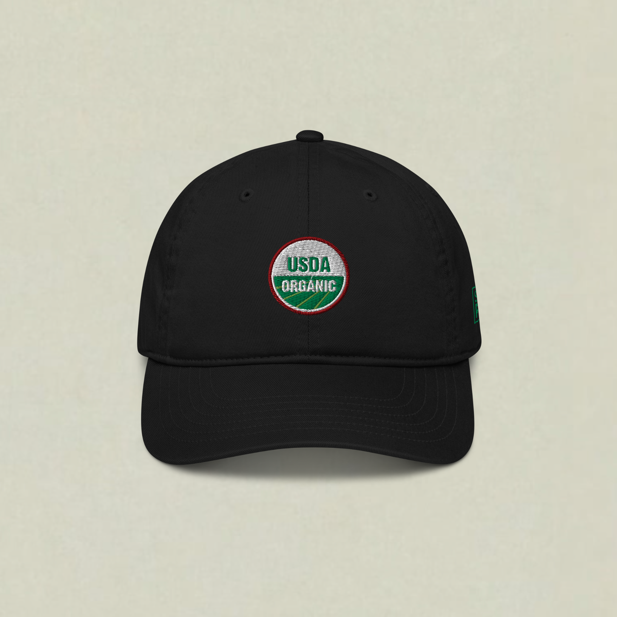 Black SaladPower cap with the USDA Organic seal embroidered on the front