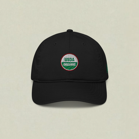 Black SaladPower cap with the USDA Organic seal embroidered on the front
