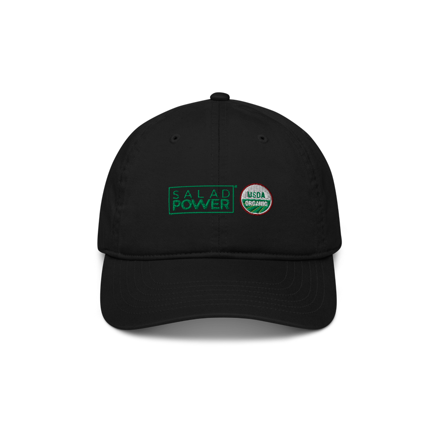 Black SaladPower cap, front view, with the SaladPower logo and USDA Organic seal embroidered on the front