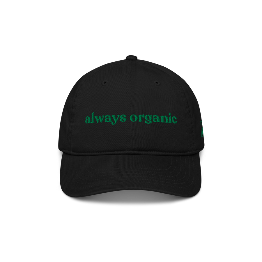 Black SaladPower cap, front view, with “always organic” embroidered in green across the front