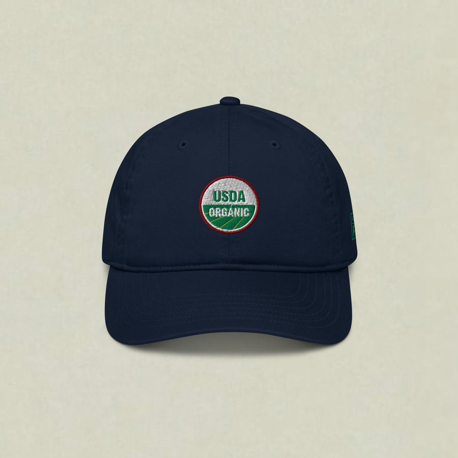 Navy SaladPower cap with the USDA Organic seal embroidered on the front