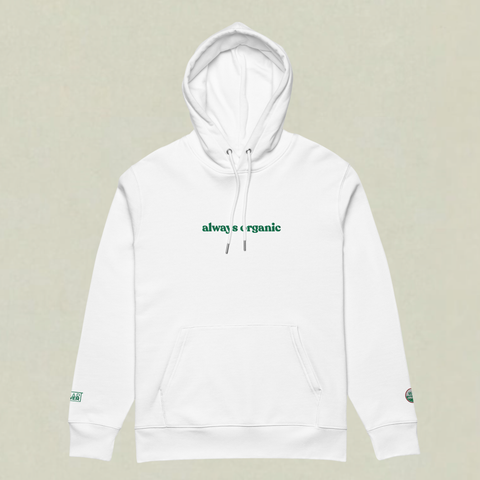 White SaladPower hoodie with “always organic” embroidered in green across the chest
