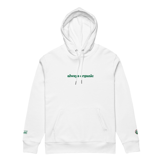 White SaladPower hoodie, front view, with “always organic” embroidered in green across the chest