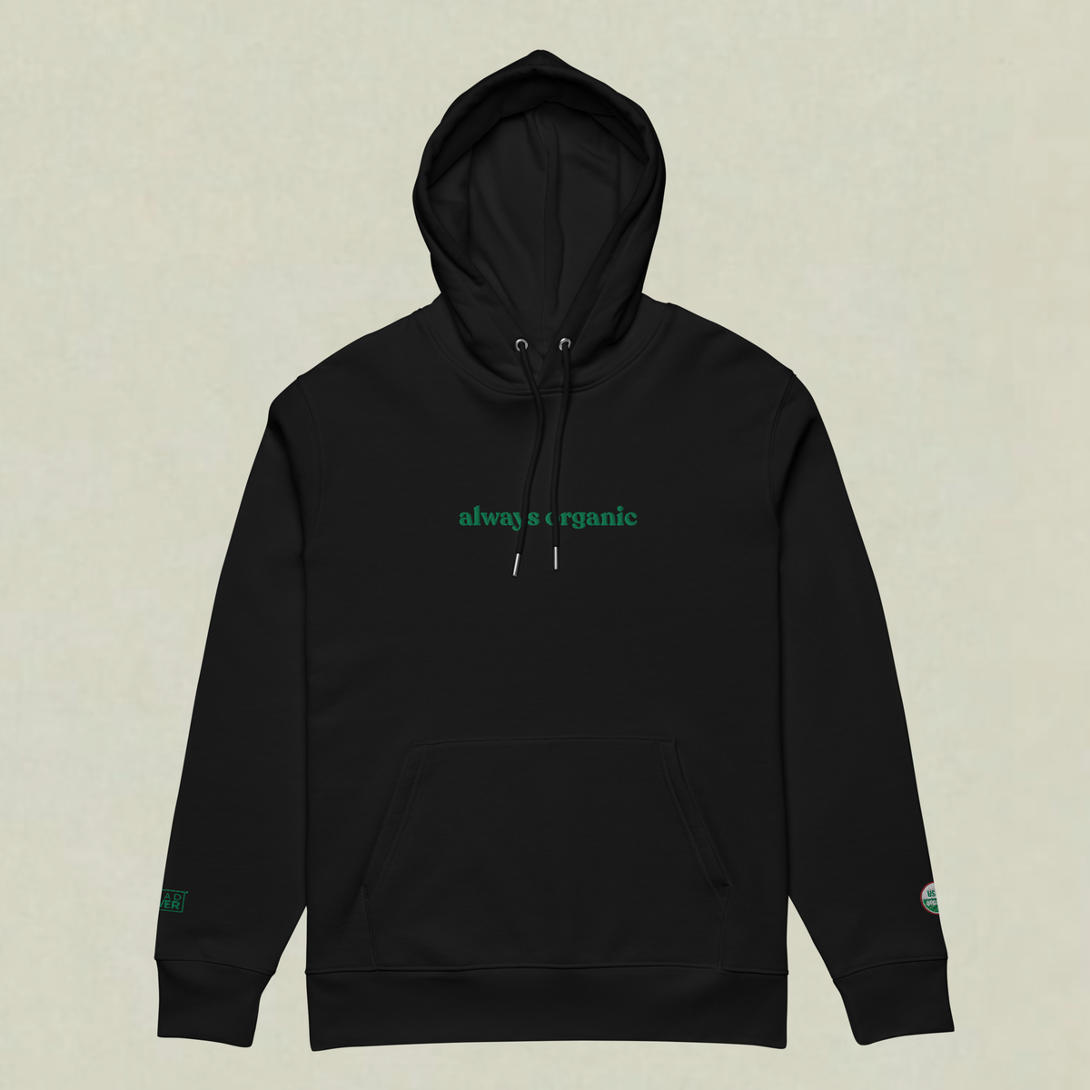 Black SaladPower hoodie with “always organic” embroidered in green across the chest