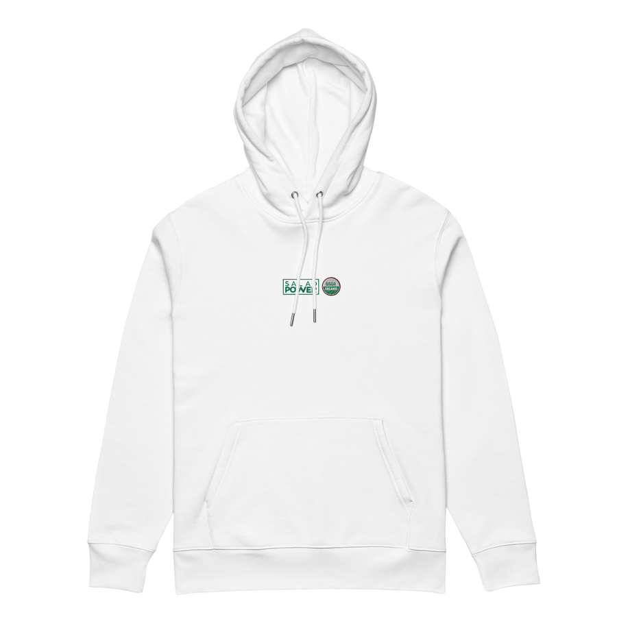 White SaladPower hoodie, front view, with the SaladPower logo and USDA Organic seal embroidered on the chest