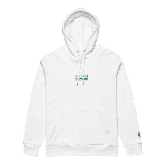 White SaladPower hoodie, front view, with the green SaladPower logo embroidered on the chest