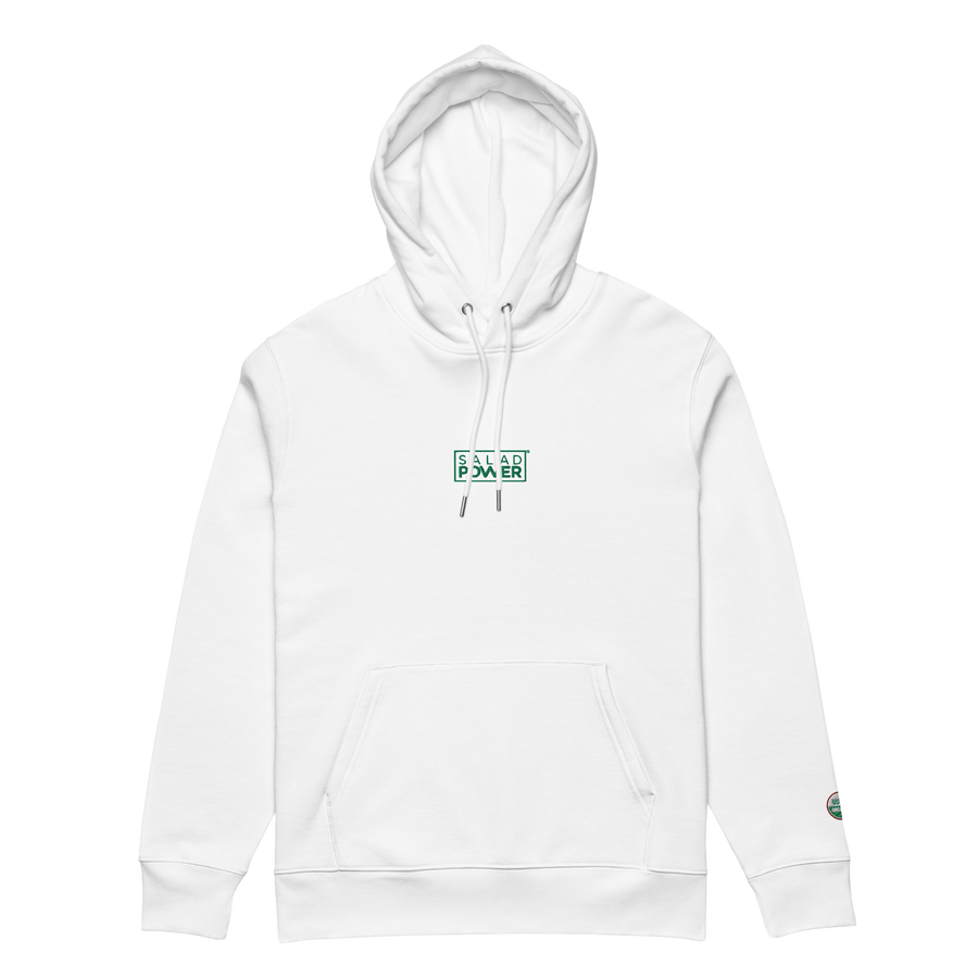 White SaladPower hoodie, front view, with the green SaladPower logo embroidered on the chest