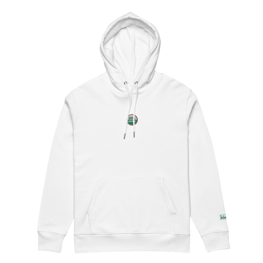 White SaladPower hoodie, front view, with the USDA Organic seal embroidered on the chest