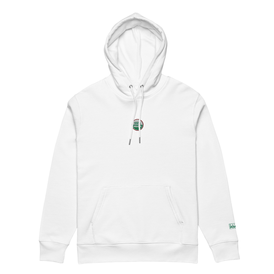 White SaladPower hoodie, front view, with the USDA Organic seal embroidered on the chest