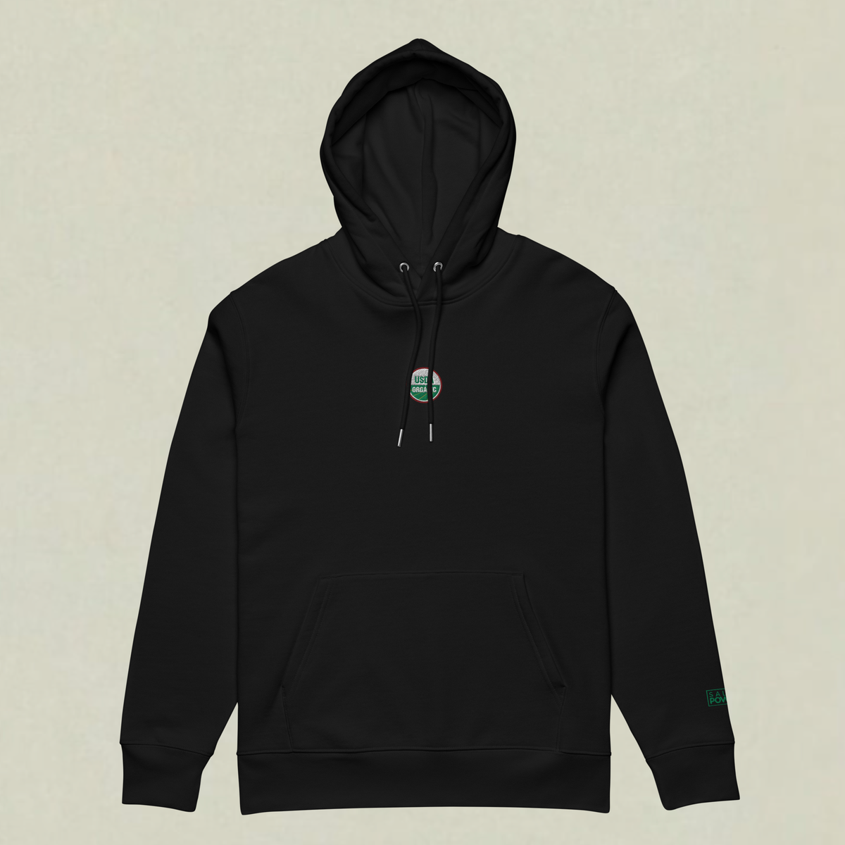 Black SaladPower hoodie with the USDA Organic seal embroidered on the chest