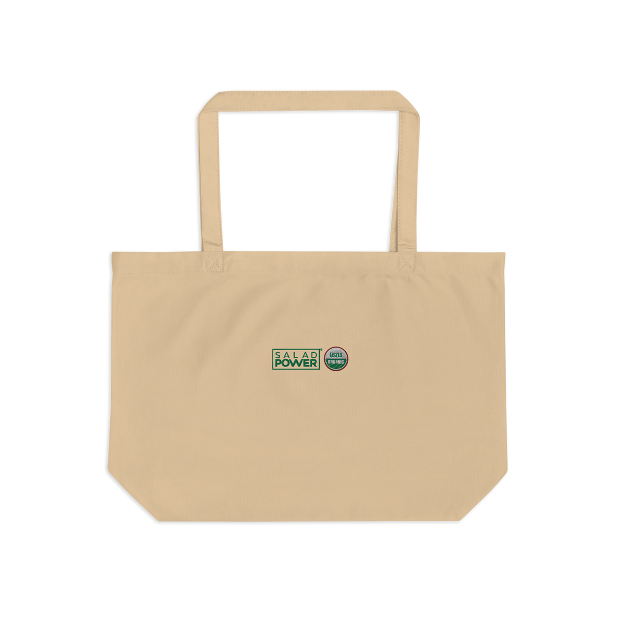 Large natural canvas SaladPower tote bag, front view, with the SaladPower logo and USDA Organic seal printed on the front