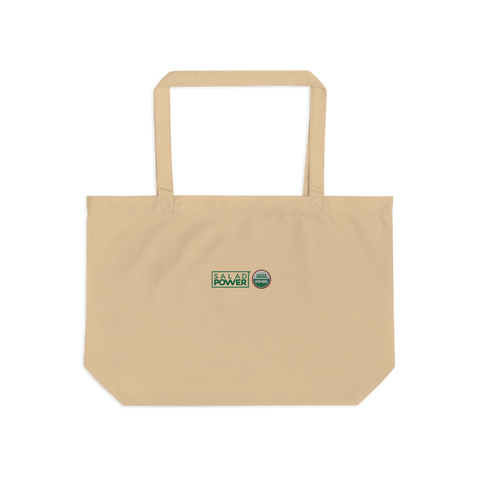 Large natural canvas SaladPower tote bag, front view, with the SaladPower logo and USDA Organic seal printed on the front