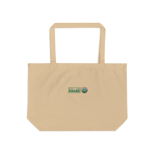 Large natural canvas SaladPower tote bag, front view, with the SaladPower logo and USDA Organic seal printed on the front