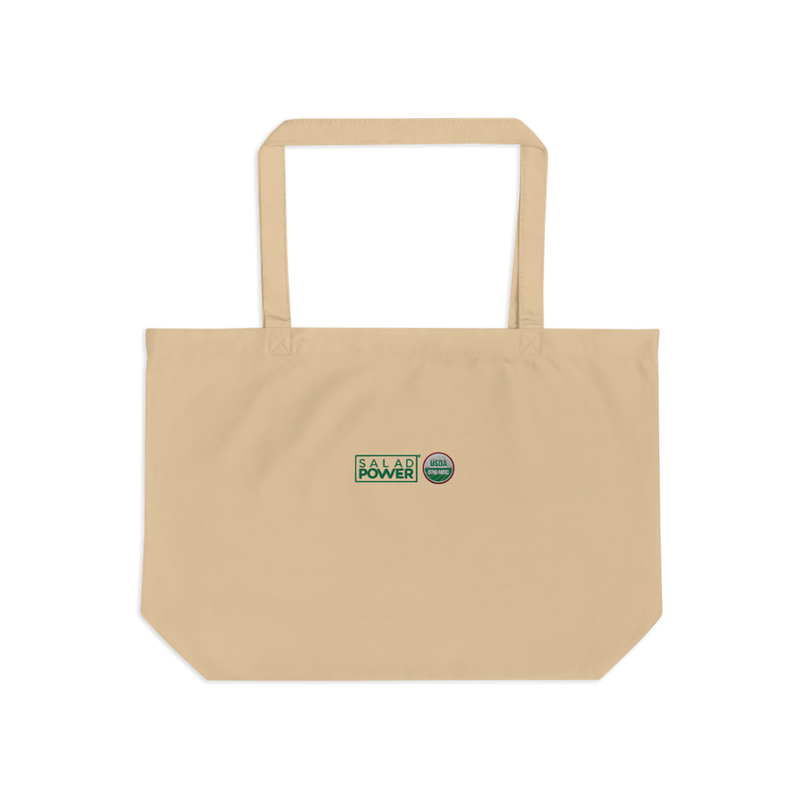 Large natural canvas SaladPower tote bag, front view, with the SaladPower logo and USDA Organic seal printed on the front