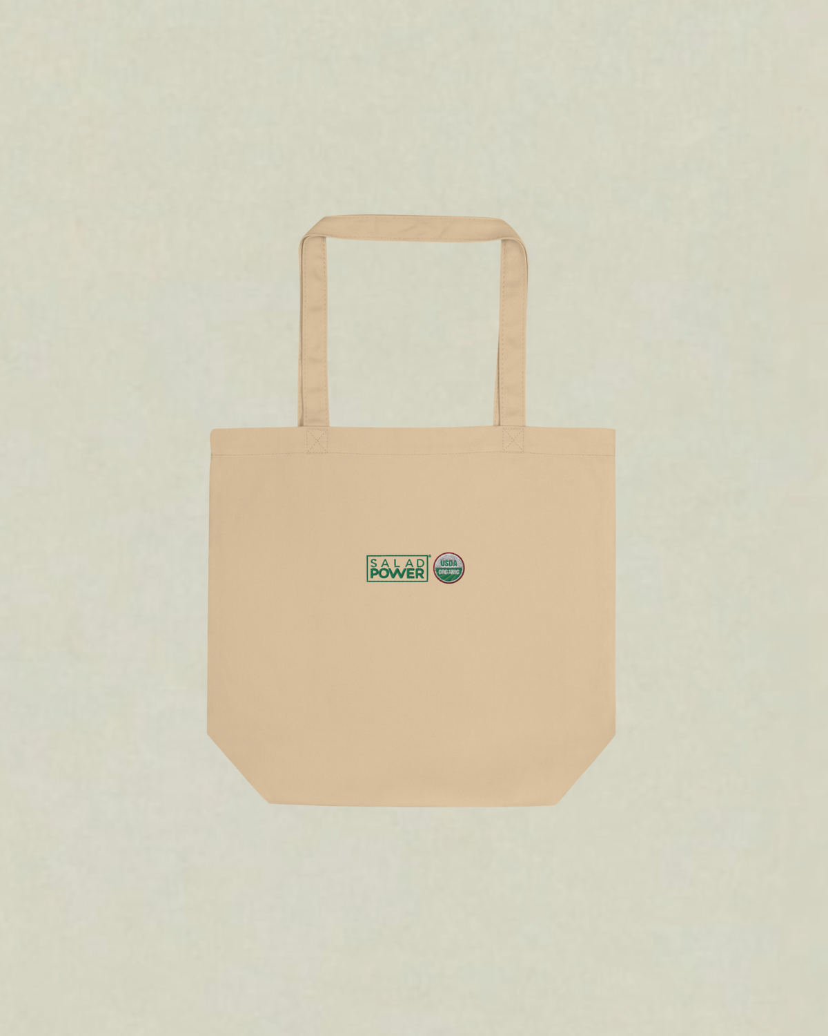 Small natural canvas SaladPower tote bag with the SaladPower logo and USDA Organic seal printed on the front