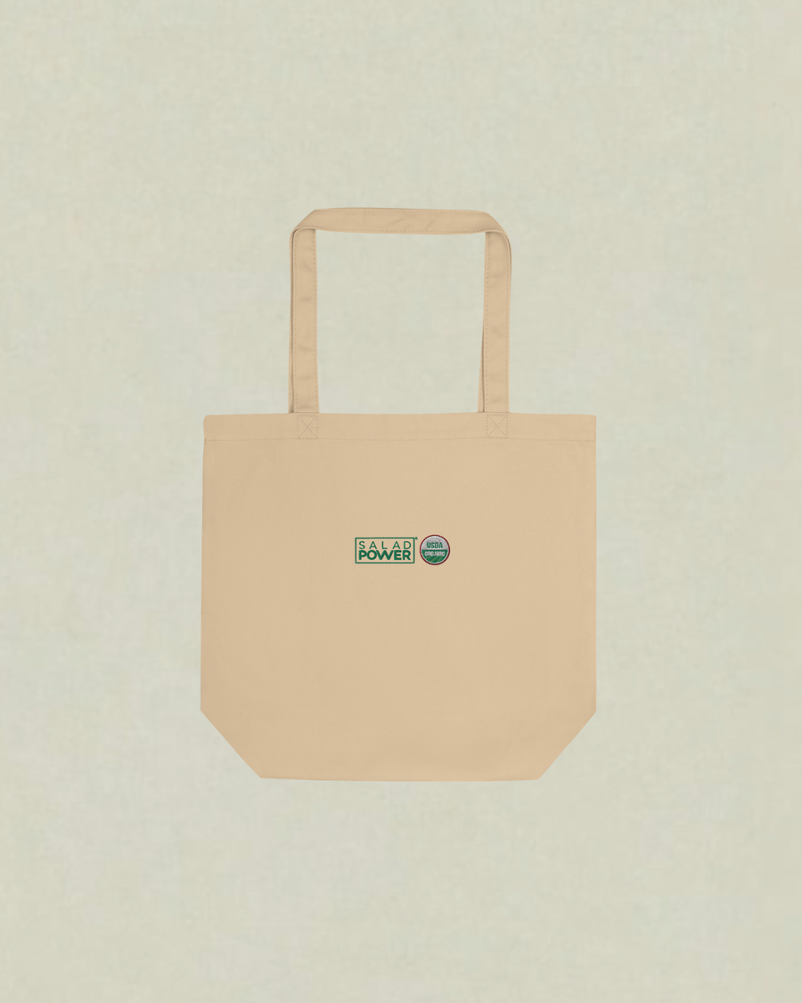 Small natural canvas SaladPower tote bag with the SaladPower logo and USDA Organic seal printed on the front