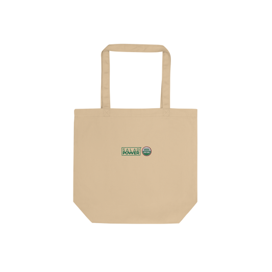 Small natural canvas SaladPower tote bag, front view, with the SaladPower logo and USDA Organic seal printed on the front