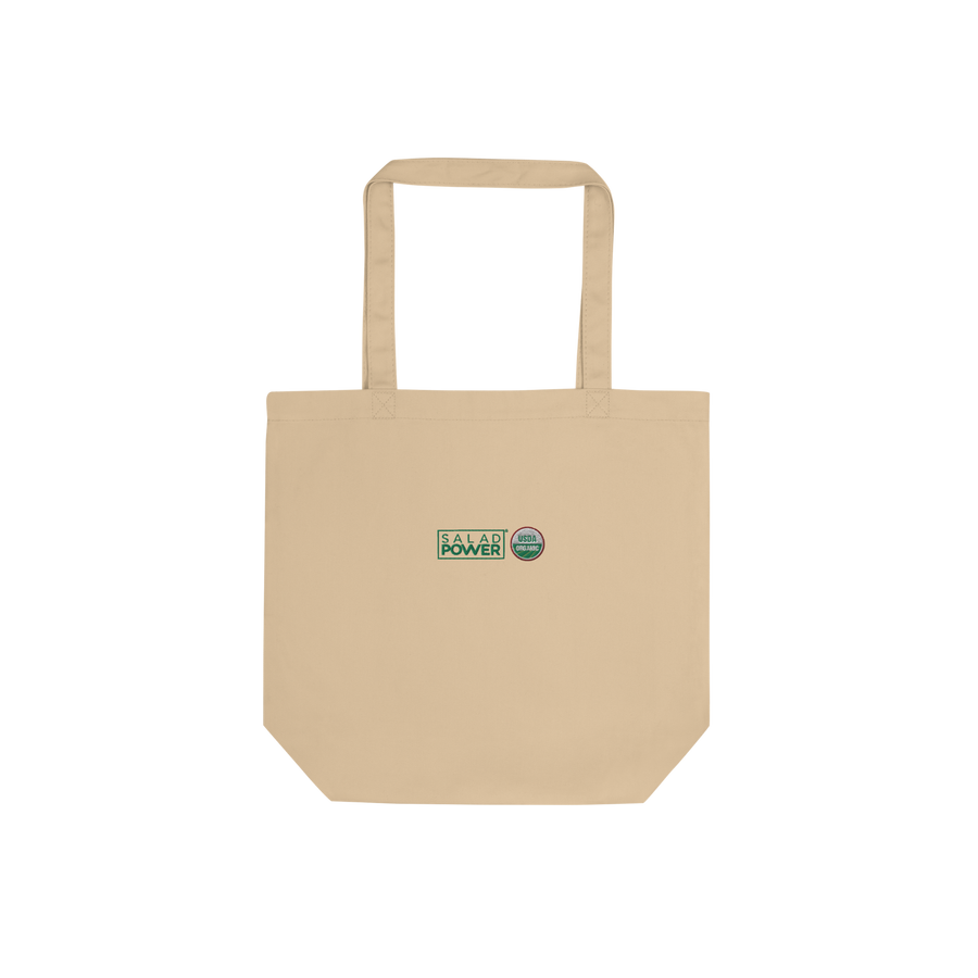 Small natural canvas SaladPower tote bag, front view, with the SaladPower logo and USDA Organic seal printed on the front