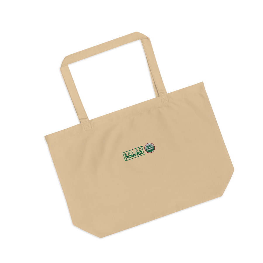 Large natural canvas SaladPower tote bag, angled view