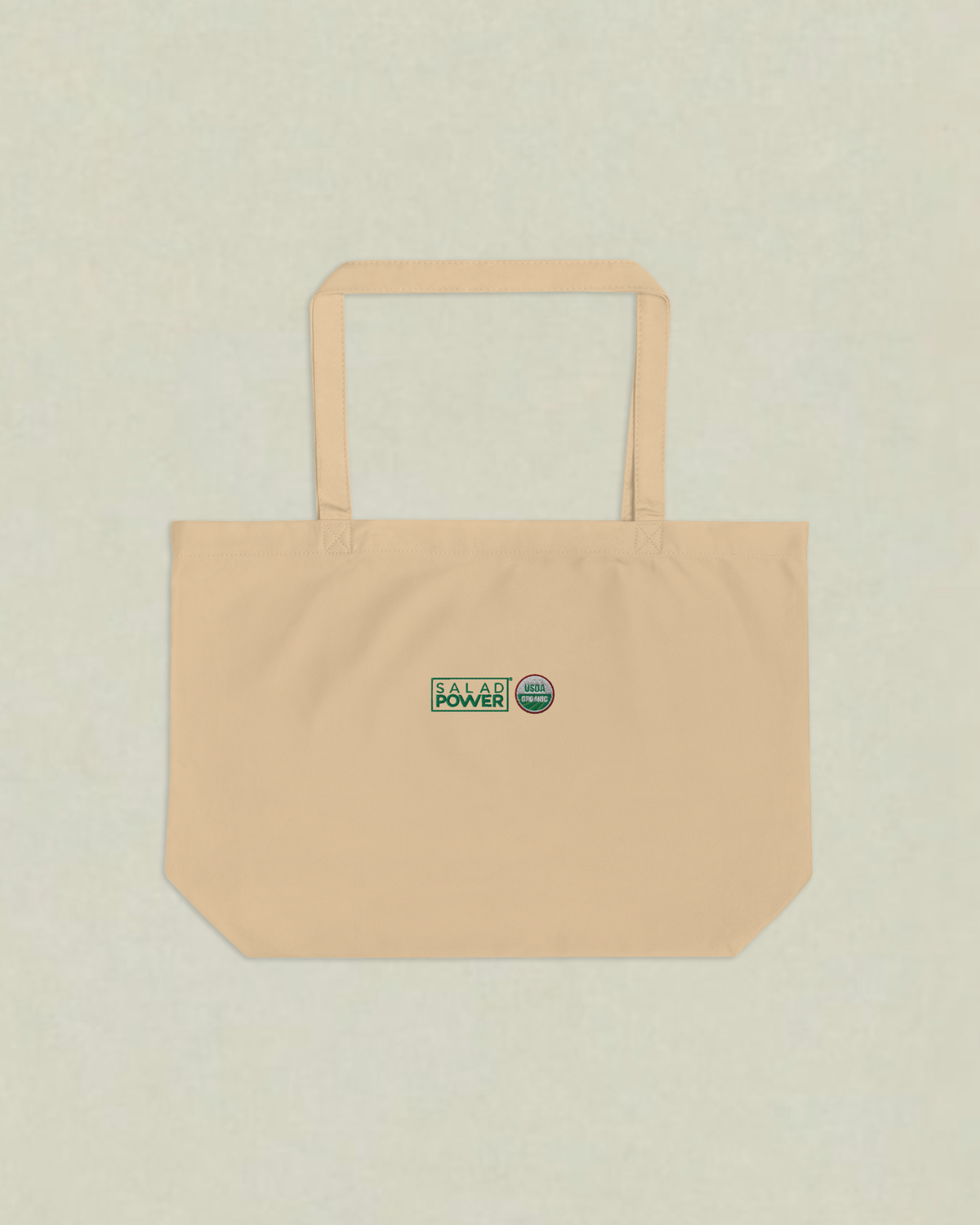 Large natural canvas SaladPower tote bag with the SaladPower logo and USDA Organic seal printed on the front