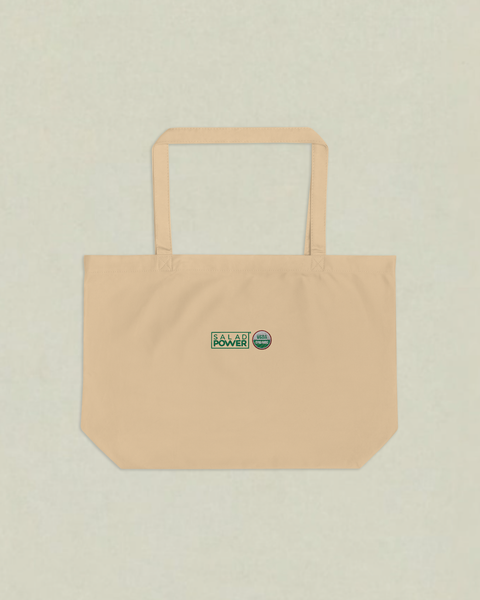 Large natural canvas SaladPower tote bag with the SaladPower logo and USDA Organic seal printed on the front