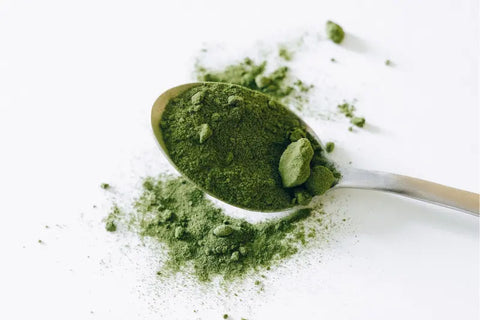 A spoonful of green powder with powder spilled across the surface
