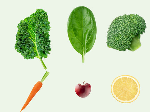 The six ingredients in SaladPower: kale, spinach, broccoli, carrot, apple and lemon